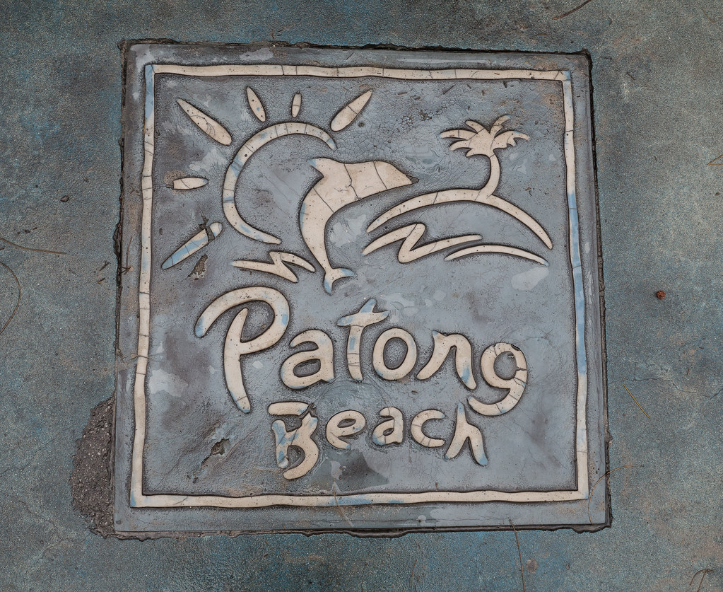 Ceramic Patong Beach pavement tile with a sun, dolphin and palm design