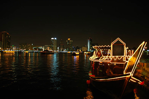 An illuminated dinner-cruise boat gliding across the water at night