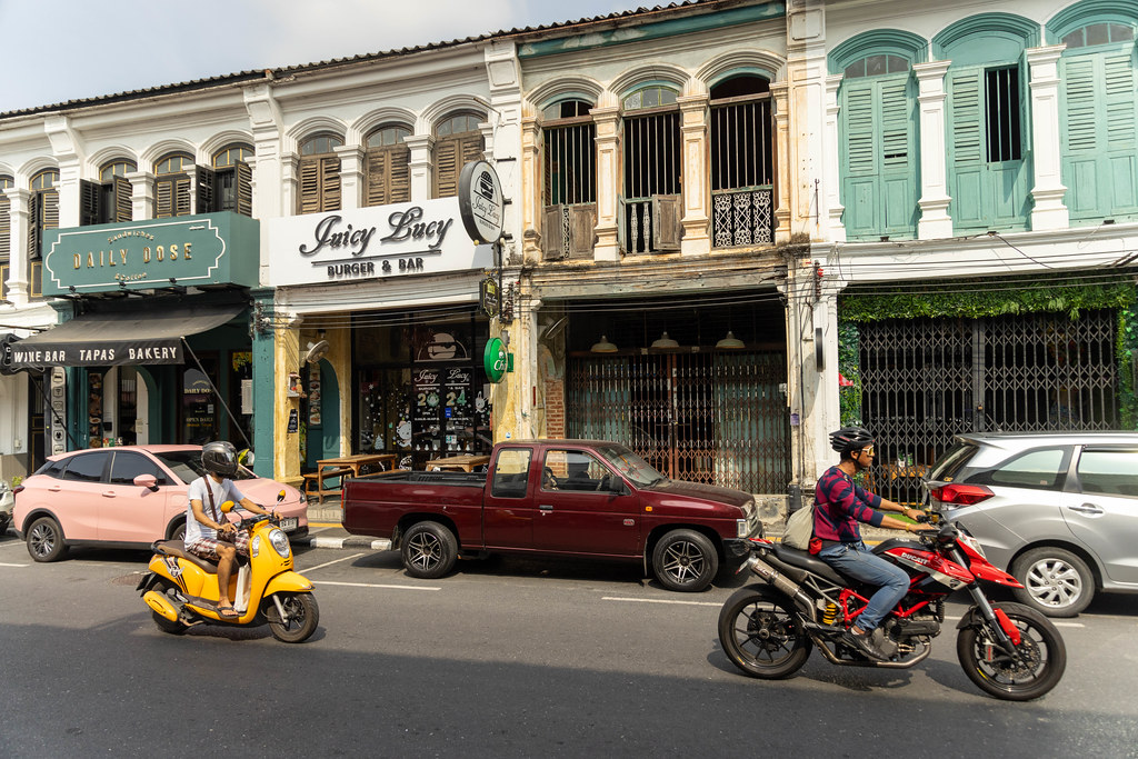 Restored Sino-Portuguese shophouses on Thalang Road now housing a wine bar, burger bar and coffee shop