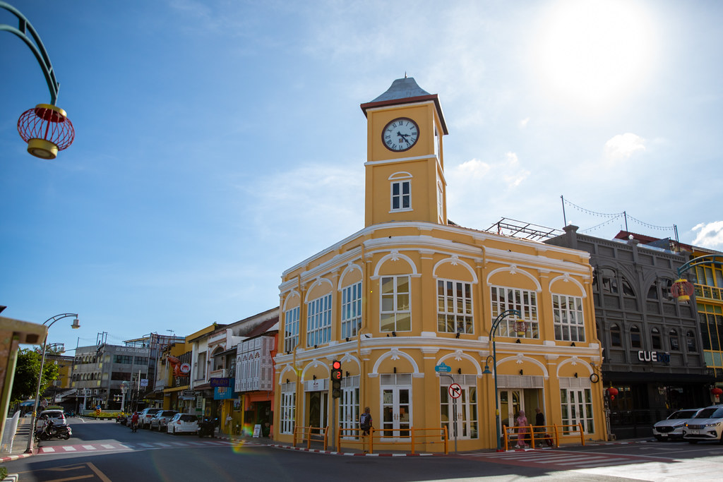 The yellow Sino-Portuguese clock tower at the heart of Phuket Town's old quarter